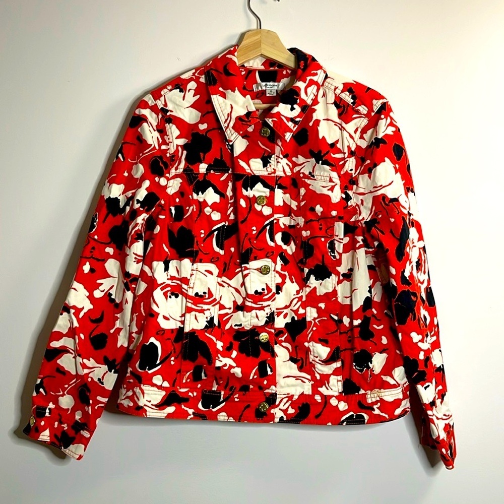 Liz Claiborne Floral Print Light Jean Jacket Womens Orange Black White